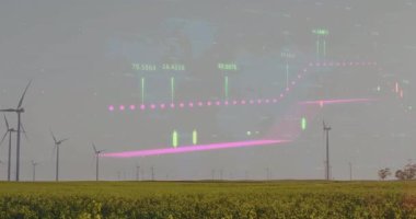 Rüzgar türbinlerinin üzerinden başlayan pembe noktalı çizgi şamdanlar ve çubuklarla enerji akımlarını takip ediyor. Yenilenebilirlik, sürdürülebilirlik, veri görselleştirme, manzara, teknoloji, yeşil enerji, analitik