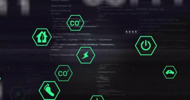 Yeşil büyü simgelerini başlatan kod açılımı. Titreşen, kümelenen, dağılan ekolojik ölçümler. Teknoloji, sürdürülebilirlik, çevre dostu, dijital, gelecekçi, yenilenebilir, yenilik