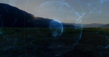 Gün batımı holografik nokta bulut küresine neden oluyor dönen bir küre ile dönen bir küre hayal ediyor. Fütürist, dijital, soyut, teknoloji, ağ, görselleştirme, yenilik