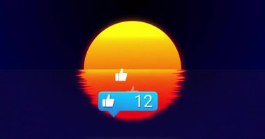 Ortaya çıkan güneş kırmızıyı yansıtırken sohbet baloncuğu sayma ve yüzen parmaklar gibi yükseliyor. Gündoğumu, dijital sanat, minimalizm, sosyal medya, kutlama, iyimserlik, canlı