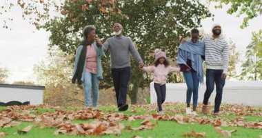 Mutlu Afrikalı Amerikalı ebeveynlerin ve büyük ebeveynlerin bahçede torunlarıyla yürüdükleri bir video. Aile, aile hayatı ve birliktelik kavramı dijital olarak oluşturulmuş video.