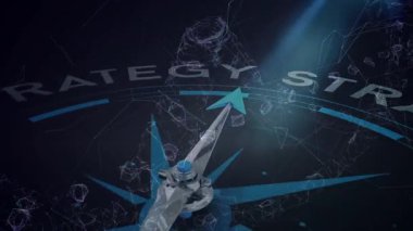 Ağ girdabı saat yönünde dönen pusula işaretçisini tetikler ve stratejiyi vurgulamak için STRATEGY oluşturur. Teknoloji, yenilik, navigasyon, veri, görselleştirme, fütürizm, analitik
