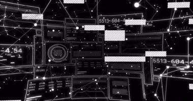 Nokta ağları başlatan paneller ve çubuklar ızgara döndürme ve döngü kodları güncelleme yavaş yavaş kayboluyor. Teknoloji, veri görselleştirme, dijital arayüz, soyut, geleceksel, yenilik, siber güvenlik