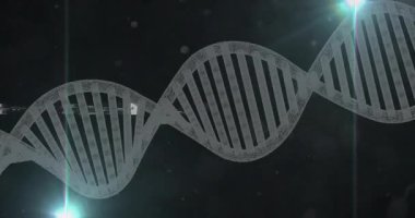 Yeşil işaret fişeği yarı saydam DNA sarmalını etkinleştiriyor saat yönünde dönüyor teknik ekrandaki verileri bozuyor. Fütürist, siber, yenilikçi, biyoteknoloji, dijital, bilim, soyut