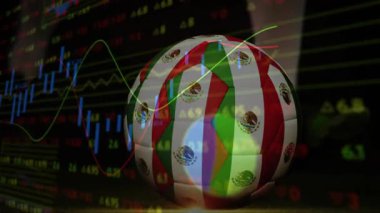 Hisse senetlerinde Meksika bayrağının kareden yuvarlandığı futbol topu animasyonları var. Spor, finans, teknoloji, dijital, yatırım, dinamik, hareket