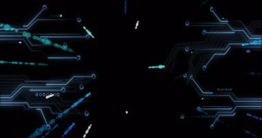 Teal ve cyan parçacıkları devreler boyunca maddeleşerek boşluğa doğru hızlanıyorlar. Soyut, teknoloji, animasyon, trendler, fütürist, dijital, sibernetik