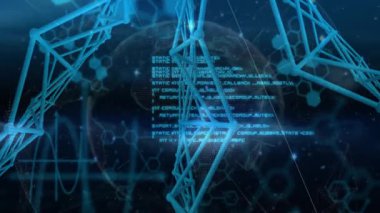 Başlangıçta dijital küre sinyal kodu ve altıgen ızgara ile görünürken kafes dönerek verileri gösteriyor. Futuristik, teknoloji, veri görselleştirme, siber, dijital arayüz, soyut, yenilik