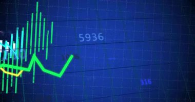 Başlangıçta yeşil çizgi daldırma çubuklar ve çizgiler görselleştirme pazar verilerini dalgalandırıyor. Veri analizi, finansal analiz, dijital finans, eğilim izleme, yatırım görselleştirme, grafikleme, iş zekası