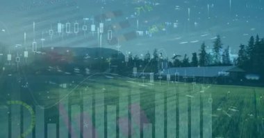 Çiftlik arazilerinin açılışı şamdan barlarında soluyor pasta dilimleri sallanıyor, ekin pazarı verilerini gösteriyor. Tarım, finans, analitik, görselleştirme, kırsal, doğal, yatırım