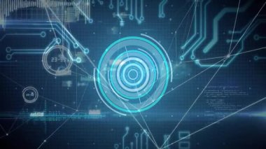 Başlangıç dizisi başladıktan sonra merkezi UI yakınsamayı gösteren düğümlere dönen halkalar gönderir. Fütüristik, teknoloji, soyutlama, dijital, ağ, veri görselleştirme, yenilik