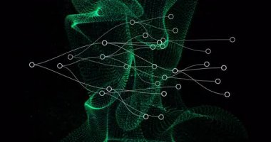 Soluk yeşil bulut ortaya çıkıyor. Ağ evrimini göstermek için düğümler kayıyor. Futuristik, dijital, soyut, teknoloji, optimizasyon, bağlantı, görselleştirme