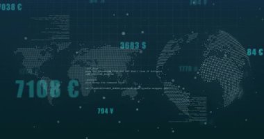 Izgara başlangıcında, noktalı harita ve küre veri ağını temsil eden güncellemeler olarak döner. Fütürist, dijital, teknolojik, soyut, dinamik, veri, bağlantı