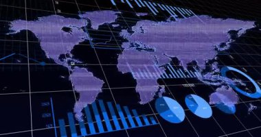 3 boyutlu mor dünya haritası ortaya çıkıyor, çubuklar yükseliyor, turtalar kayıyor, yüzük büyüyen çizgiler veri takip ediyor. Veri görselleştirme, analitik, dijital, teknoloji, bilgi, fütüristik, yenilik