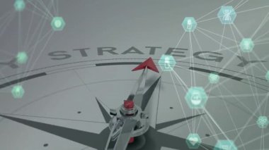 Pusula iğnesi, STRATEGY metin hex simgelerinin altında saat yönünde dönmeye başlıyor. Navigasyon, yenilik, dijital, analitik, karar verme, teknoloji, fütürist