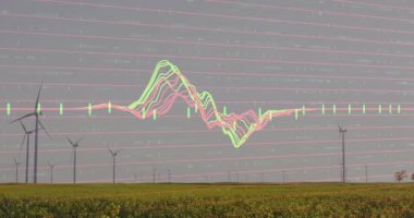 Türbinlerin üzerinden çıkan neon dalga boyu örtüsü, kare boyunca şekil değiştiriyor, türbin çıkışını görselleştiriyor. Yenilenebilir enerji, sürdürülebilirlik, dijital sanat, modern teknoloji, çevre dostu, gelecekçi, çevresel