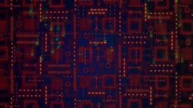 Ara verdikten sonra, yeşil glifler kırmızı ızgarada titreşiyor, kareye yayılıyor ve veri akışını gösteriyor. Teknoloji, dijital, fütürizm, siber, yenilik, animasyon, veri