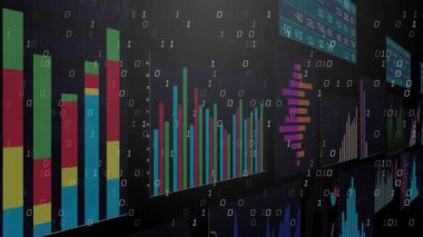 Çift haneli kayan kameralar dijital gösterge panelinde veri akışını gösteren çubuk çizelgelerini gösteriyor. Teknoloji, analitik, yenilik, modern, fütüristik, görselleştirme, gösterge paneli