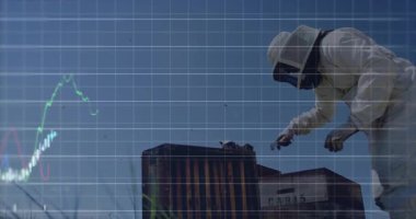 Arıcı kovan kapağını kapatıyor ve takip eden renk eğilimlerini kapsayan finans şeması oluşturmaya çalışıyor. Apier, sürdürülebilirlik, veri görselleştirme, kırsal, hassas tarım, ekolojik, analitik