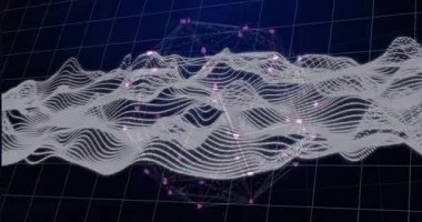 Sol ızgaradan çıkan beyaz dalga formları dönen küreyi canlandırıyor ve veri gösteren simgeleri titreştiriyor. Dijital, soyut, geleceksel, teknoloji, veri, bağlantı, hareket