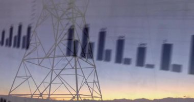 Gün batımı grafiği yükseldikten sonra, güç verilerini gösteren yükseklik ve etiketleri güncelleyin. Sanayi, teknoloji, analitik, görselleştirme, alacakaranlık, panoramik, veri