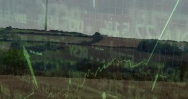 Yeşil ızgara fırlatma grafiğinde zayıflıyor sonra yükseliyor, oklar rüzgar türbininin büyümesini işaret ediyor. Sürdürülebilirlik, yenilenebilir enerji, veri analizi, çevre, teknoloji, çevre dostu, modern