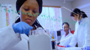 Bilim araştırmacısı test tüpü rafına uzanıyor. Animasyon molekülleriyle örnek teftişi yapıyor. Laboratuvar, araştırma, yenilik, kimya, moleküler, bilimsel, analiz