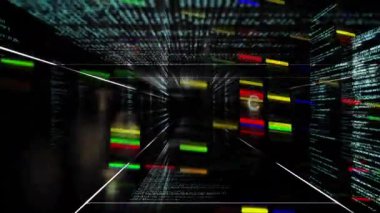 Perspektif kayması üzerine kameralar 3 boyutlu tünellerden geçerek verileri görselleştirdi. Fütürist, dijital, siber uzay, teknoloji, soyut, sürükleyici, canlı