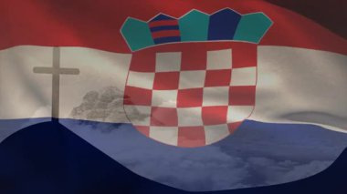 Rüzgâr dalgalanan Hırvat bayrağı, kıvrılan kırmızı şerit, sallanan kareli kalkan, rüzgarlı hareket sergiliyor. Vatansever, ulusal, sembolizm, dinamik, dokulu, kumaş, hareket