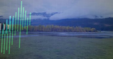 Yükleme çubukları yükselirken sağa kayıyor göl üzerinde sallanan renkli çizgiler veri eğilimlerini gösteriyor. Doğa, analitik, teknoloji, görselleştirme, dinginlik, dinamik, ekolojik