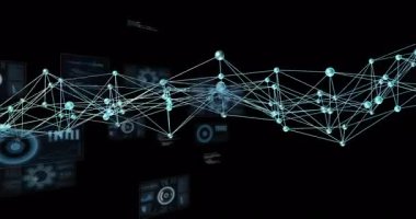 Turkuaz ağ sürüklenmesi UI panellerinin görünmesini ve veri gösterimi için oluşan bağlantıları tetikler. Fütürist, dijital, holografik, soyut, teknoloji, yenilik, veri