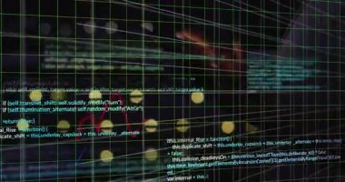 Her dakika şebekeyi kürelerle donatmak kodun soluklaşması ve verileri temsil eden çizelgeler. Fütürist, dijital, teknoloji, analitik, görselleştirme, siber alan, veri