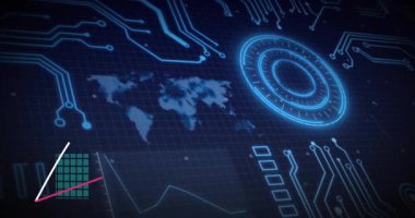 Dairesel arayüz darbeli sürücü devresi çizgileri yükselen çizgiler gösterge paneli verilerini ayarlıyor. Teknoloji, veri görselleştirme, dijital arayüz, analitik, yenilik, fütüristik, iş zekası