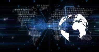 Noktalı harita neon-mavi devreler atarken 3D dünya veri görüntülemek için doğuya doğru dönüyor. Teknoloji, bağlantı, dijital, yenilik, ağ, arayüz, geleceksel