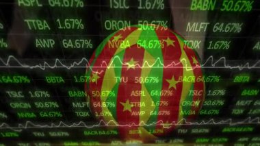 Dönen çizgili küre kalp atışlarında dalgalanmalara yol açıyor, grafikler yükseliyor ve piyasa değişkenliğini gösteriyor. Finans, teknoloji, veri görselleştirme, piyasa analizi, siber güvenlik, dijital ekonomi, etkileşimli