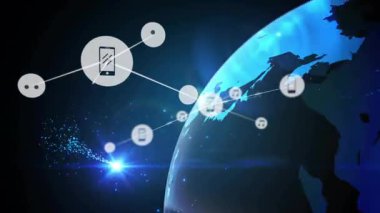 Sol taraftan çıkan ışık patlaması, parçacıkları dijital dünyaya göndererek bağlantıyı gösteren ikonlar oluşturuyor. Teknoloji, bağlantı, yenilik, ağ, dijital, sanal, geleceksel