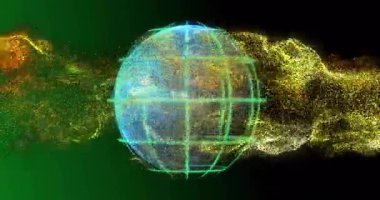 Soldan gelen parçacık bulutu 3 boyutlu küreyi kaplıyor, neon ızgara çizgilerini takip ederek veriyi görüntülüyor. Gelecekçi, dijital, holografik, bilim kurgu, soyut, teknoloji, animasyon