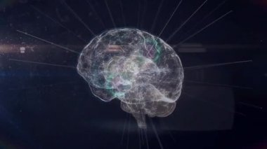 Sinirsel ışık akışları kablo çerçevesi boyunca akmaya başlar, neon halkayı oluşturur, lensleri parlatmaya başlar. Teknoloji, dijital, holografik, gelecek, yenilik, yapay zeka, soyut