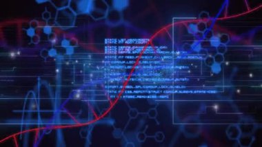 Sinüs dalgaları çerçeveye kırmızı ve mavi eğriler girerek DNA sarmalını görselleştiren kod panelleri dokuyor. Fütürist, biyoteknoloji, dijital, bilimsel, teknoloji, yenilik, soyut