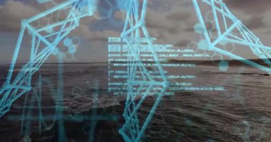 Soluk mavi kablo örgüsü okyanus dalgaları üzerinde maddeleşiyor, kod panelleri ile dalga desenlerini tarıyor. Teknoloji, dijital, fütüristik, siber, soyut, yenilik, çevre