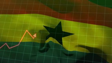 Şebekeden kırmızı poliçizgi yükseliyor, Gana bayrağını yıldıza doğru yükselterek eğilimi gösteriyor. Vatanseverlik, dijital, soyut, grafikler, büyüme, istikrar, yenilik