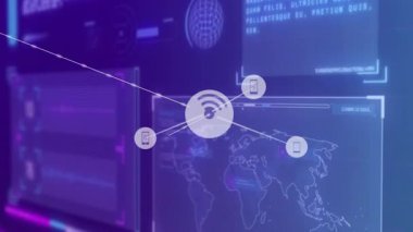 Çemberin şeffaf görünmesi, UI haritası boyunca bağlanan ve titreşen düğümleri tetikler. Futuristik, dijital, bağlantı, teknoloji, arayüz, küresel, ağ