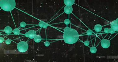 Başlangıçta yeşil 3D küreler ağ oluşturur, veri yönlendirmesini göstermek için çizgiler boyunca döner, titreşir. Teknoloji, siber güvenlik, dijital, fütürizm, bağlantı, yenilik, sanal