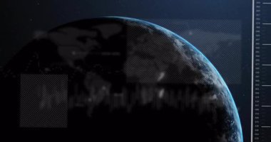 Işıklandırma başlatıldığında 3 boyutlu Dünya küresi yer değiştiren paneller ve dalgalar görselleştiren eğilimler. Coğrafi, veri işleme, teknoloji, dijital, analitik, fütüristik, arayüz