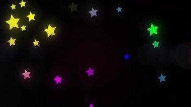 Parlayan neon yıldızlar sağa doğru sürüklenirken gelen mercekler parlak yıldızlar derinlik yaratıyor. Nebula, kozmik, enerjik, soyut, gece hayatı, aydınlanma, hareket