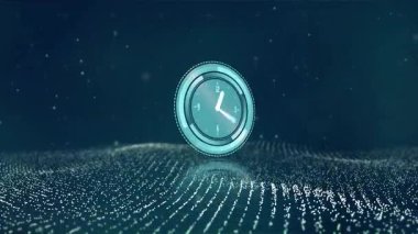 Yüzük bölümleri görüntüye dönüyor, saat yüz şekli, eller hareket ediyor, ızgara dalgalanma zamanı. Futuristik, teknoloji, animasyon, grafik tasarım, görselleştirme, geometrik, kavramsal