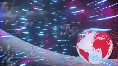 Başlangıçta altıgen kümeleri kod metni beliriyor, kırmızı noktalı dünya etrafında dönen neon çizgileri veri gösteriyor. Gelecek, teknoloji, dijital, yenilik, veri, görselleştirme, sanal