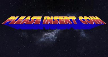 3D metin lütfen INSERT COIN döndürme, yıldız aydınlatma kenarlarını takip renk değiştirme. Fütürist, bilim kurgu, kozmik, dijital sanat, uzay manzarası, canlı, soyut