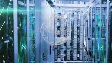 Veri akışını gösteren düğümler ortaya çıkarken saat yönünde dönen, sunucu rafları üzerinde beliren soluk bir küre. Teknoloji, siber güvenlik, yenilik, fütüristik, ağ oluşturma, dijital, sanayi