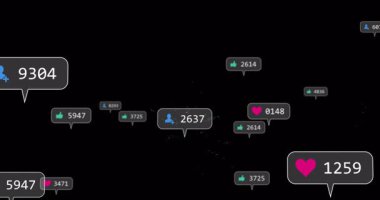 Nişan baloncukları havada uçuşuyor sonra havai fişekler yükselen takipçi sayılarını vurguluyor. Animasyon, dijital, canlı, sosyal, kutlama, fütüristik, etkileşim