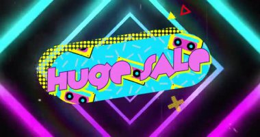 Neon elmaslar kıvılcımlar saçar. Kaset simgeleriyle birlikte büyük satışlar görünür hale gelir. Fütürist, canlı, geometrik, dijital, retro, enerjik, renkli